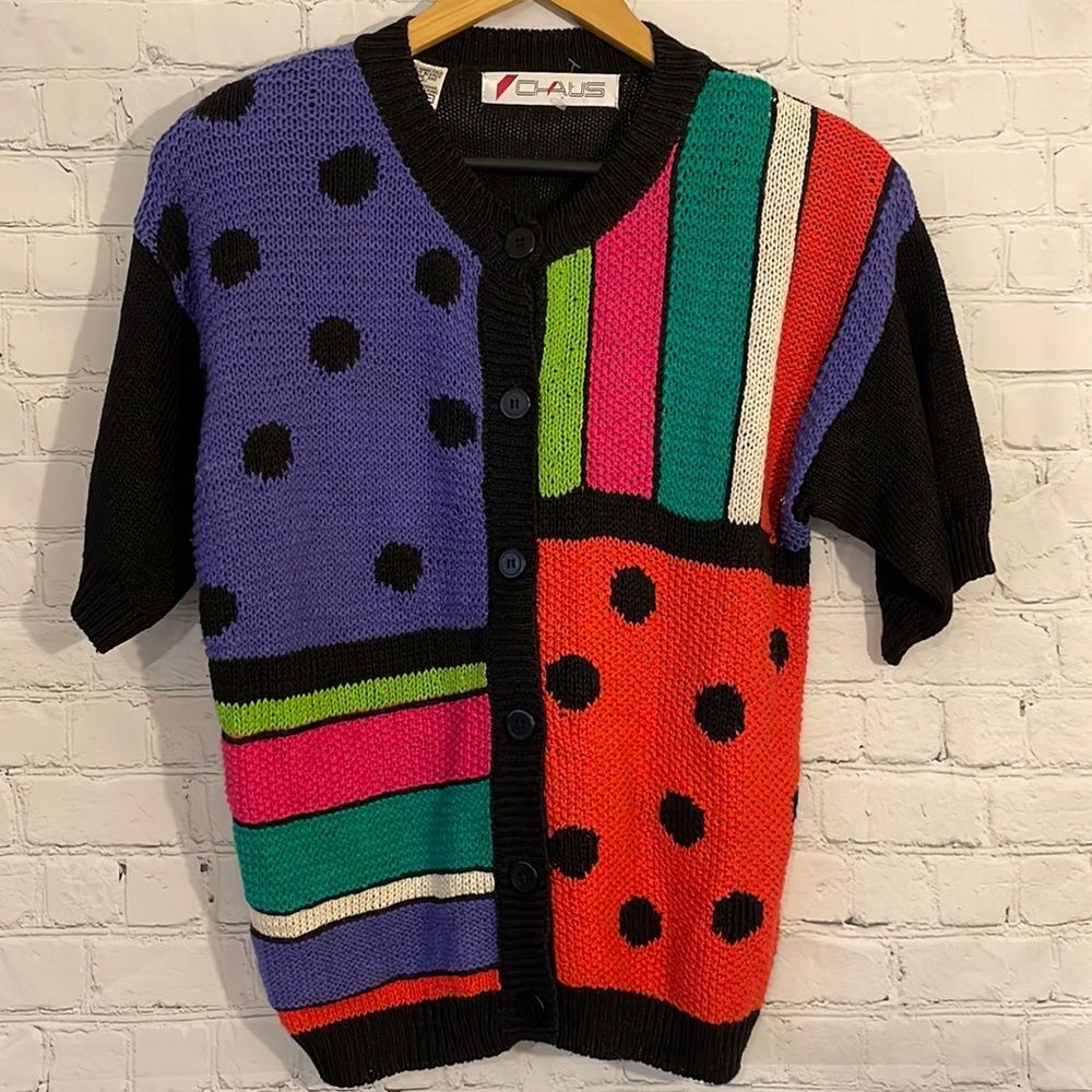 Vintage Chaus Oversized mix print colorblock vibrant short sleeve sweater